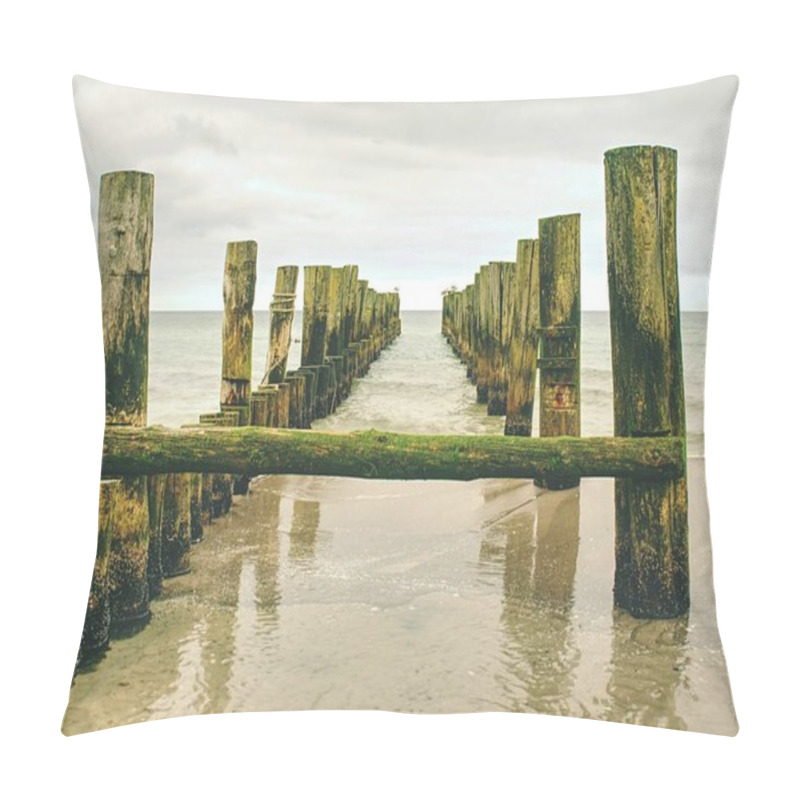 Personality  Mossy Breakwater Poles In Smooth Water Of Sea Within Windless. Sandy Beach Pillow Covers