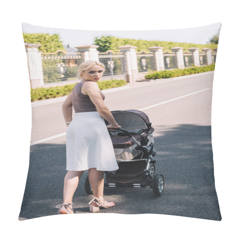 Personality  Back View Of Irritated Mother Walking With Baby Carriage In Park Pillow Covers