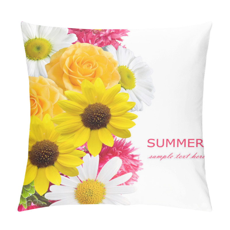 Personality  Aster, Roses, Sunflowers And Chamomile Flowers Background Isolated On White With Sample Text. Summer Flowers Pillow Covers