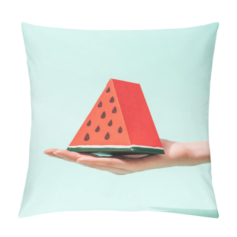 Personality  Cropped View Of Young Woman Holding Handmade Paper Watermelon On Turquoise Pillow Covers