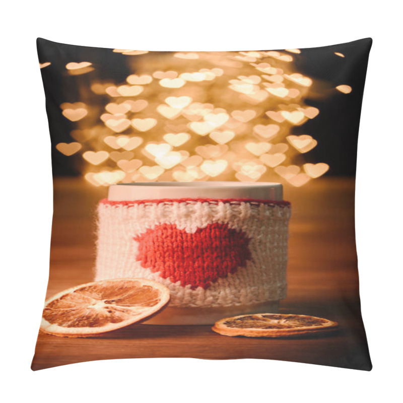 Personality  Close Up View Of Cup Of Hot Drink And Dry Orange Pieces On Wooden Tabletop With Hearts Bokeh Lights Background Pillow Covers