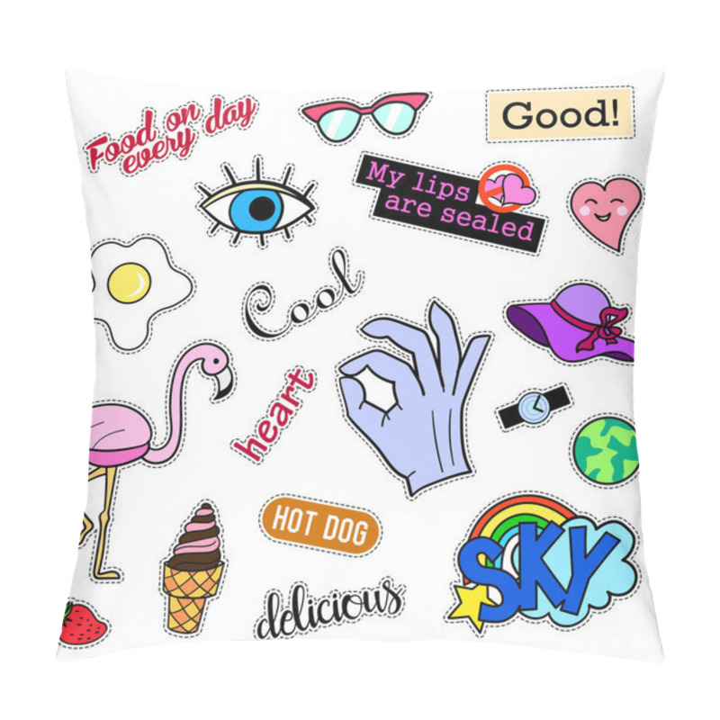 Personality  Fashion Patch Badges. Big Set. Stickers, Pins, Embroidery, Patches And Handwritten Notes Collection In Cartoon 80s-90s Comic Style. Trend. Vector Illustration Isolated. Pillow Covers