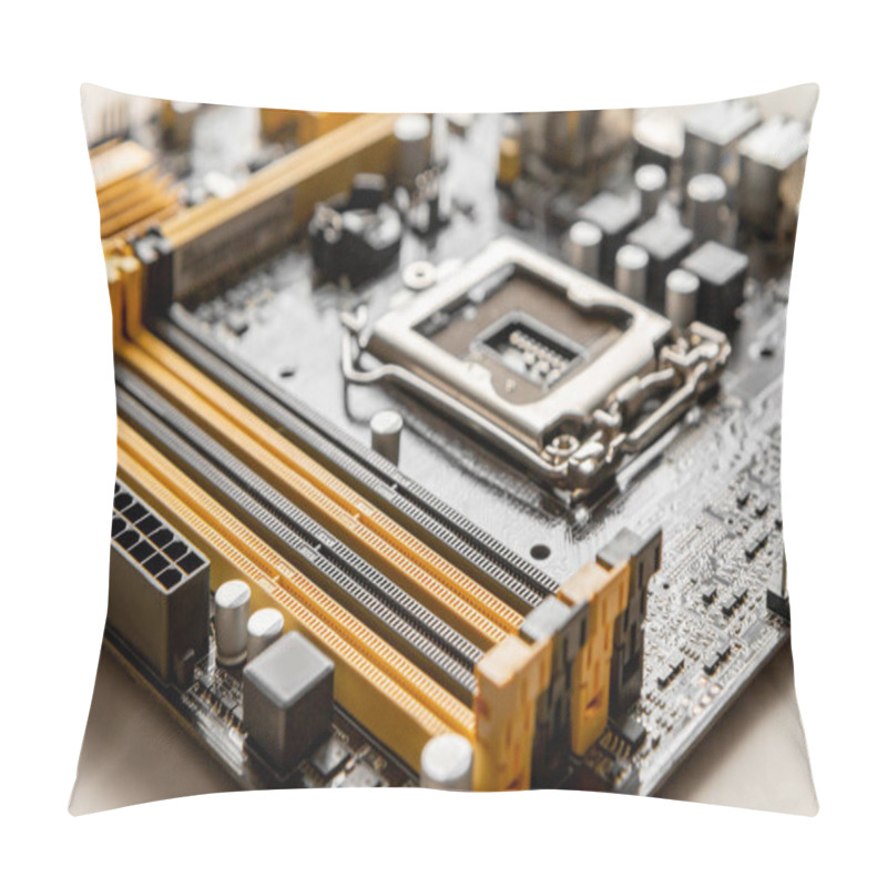 Personality  Part Of The Motherboard With A Slot For Placing RAM Modules Against The Background Of A Blurred Processor Socket. Pillow Covers