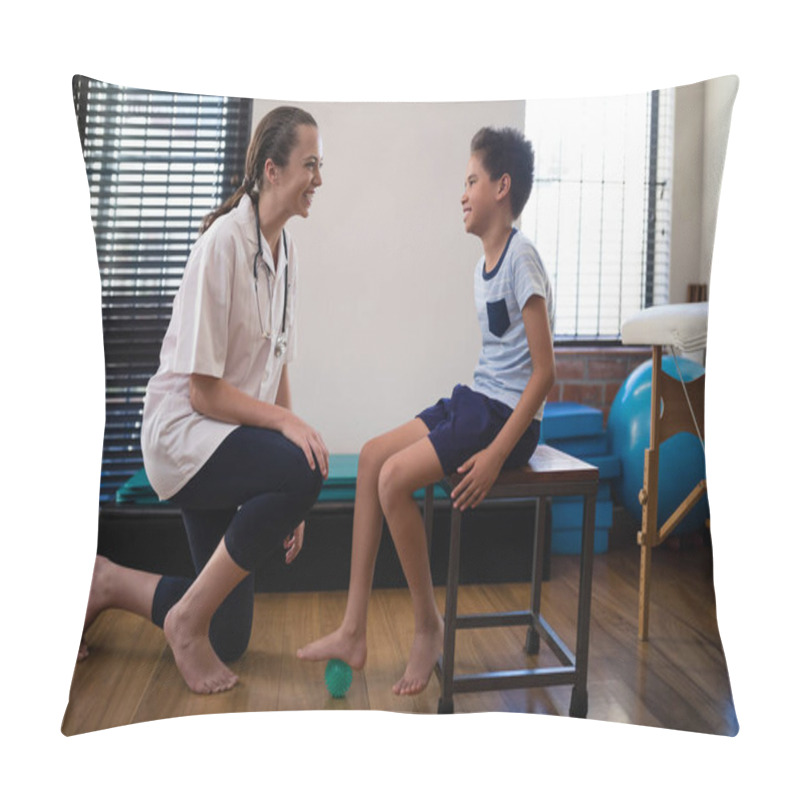 Personality   Therapist Kneeling By Boy Stepping On Stress Ball Pillow Covers