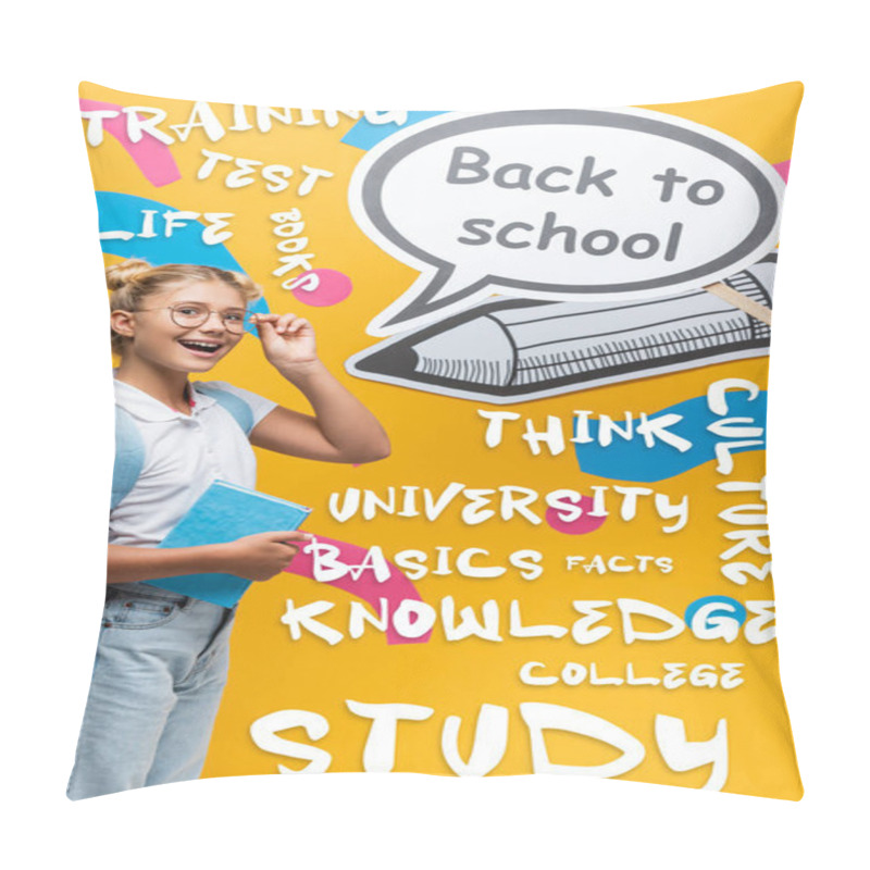 Personality  Schoolchild With Backpack And Eyeglasses Standing Beside Speech Bubble With Back To School Lettering And Paper Craft On Yellow  Pillow Covers