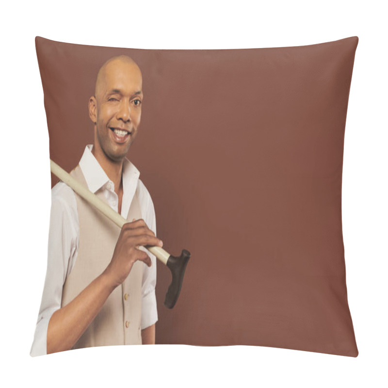 Personality  Inclusion, Myasthenia Gravis Syndrome, Cheerful African American Man Holding Walking Cane, Looking At Camera, Dark Skinned, Positivity, Neurological Disorder, Physical Impairment  Pillow Covers