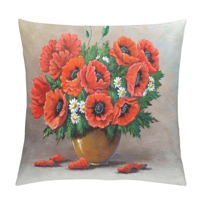 Personality  Beautiful Red Poppy Flowers In Vase, Floral Background Pillow Covers