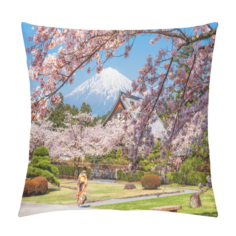 Personality  Fujinomiya, Shizuoka, Japan With Mt. Fuji In Spring. Pillow Covers