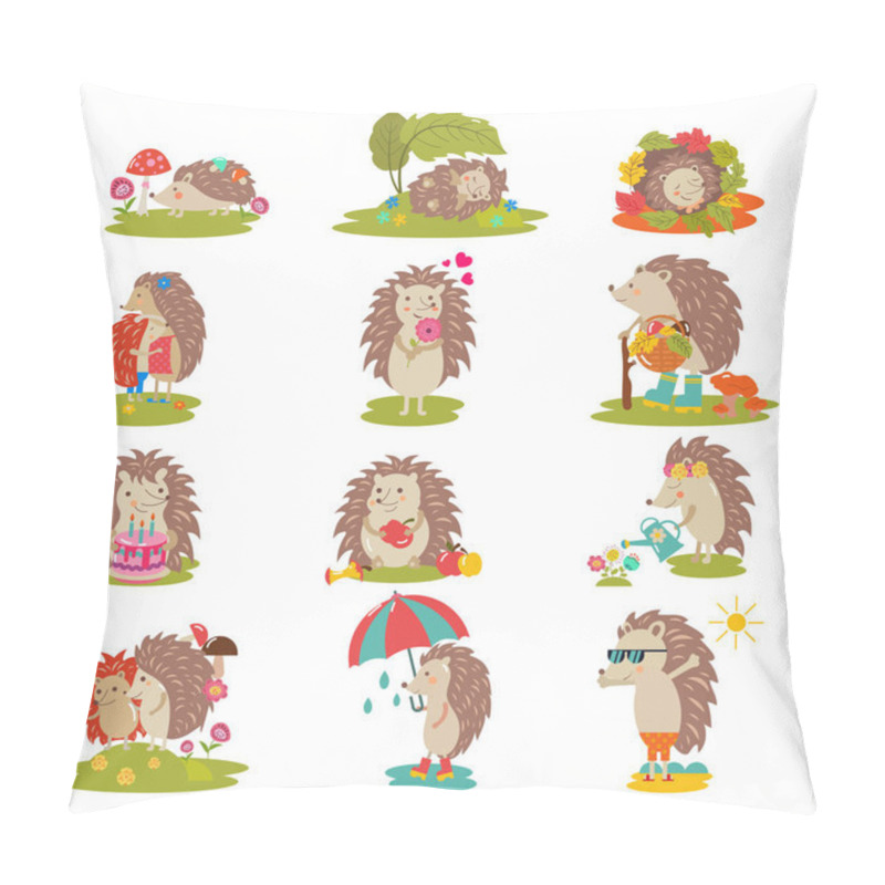 Personality  Hedgehog Vector Cartoon Prickly Animal Character Child With Cake Or Umbrella In Nature Wildlife Illustration Set Of Hedgehog-tenrec Sleeping Or Playing In Forest Isolated On White Background Pillow Covers