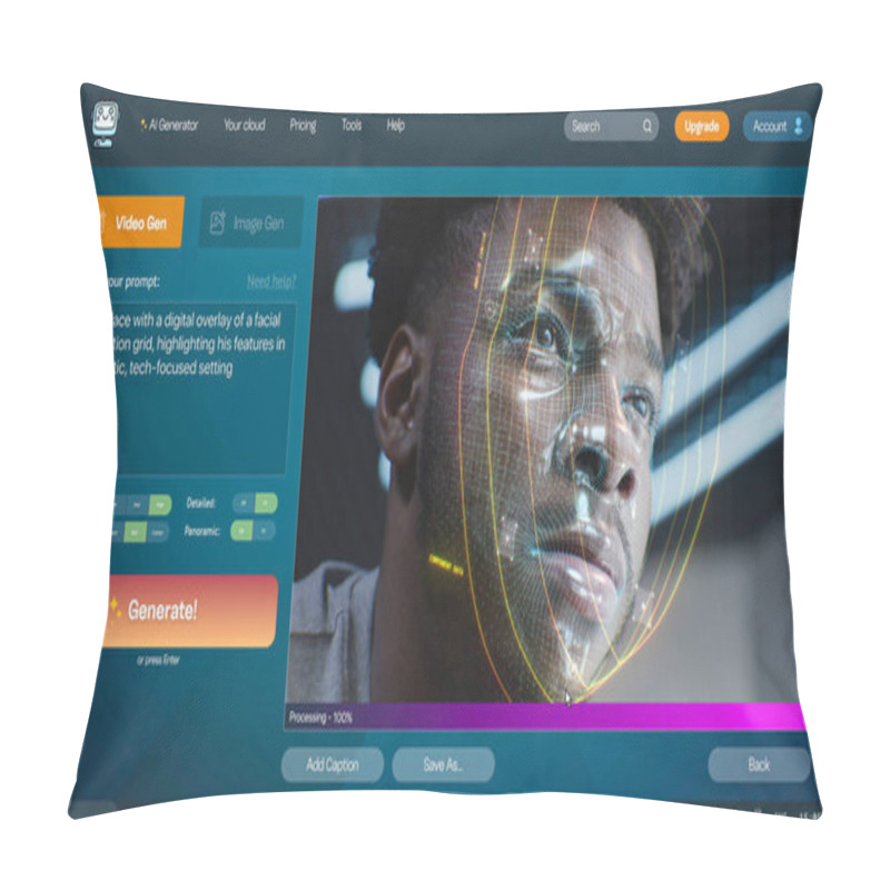 Personality  User Interface Of AI Video Generator. Artificial Intelligence Chatbot Generate Detailed Video: Man Face With Digital Facial Recognition Grid Overlay. From Text Prompt To Realistic AI Generated Video. Pillow Covers