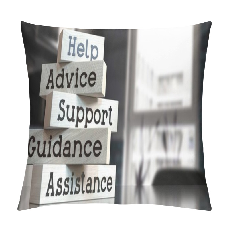 Personality  Help, Advice, Support, Guidance, Assistance - Words On Wooden Blocks - 3D Illustration Pillow Covers