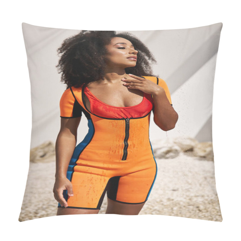 Personality  A Beautiful Young Woman Showcases Her Stylish Outfit Against A Bright, Artistic Backdrop. Pillow Covers