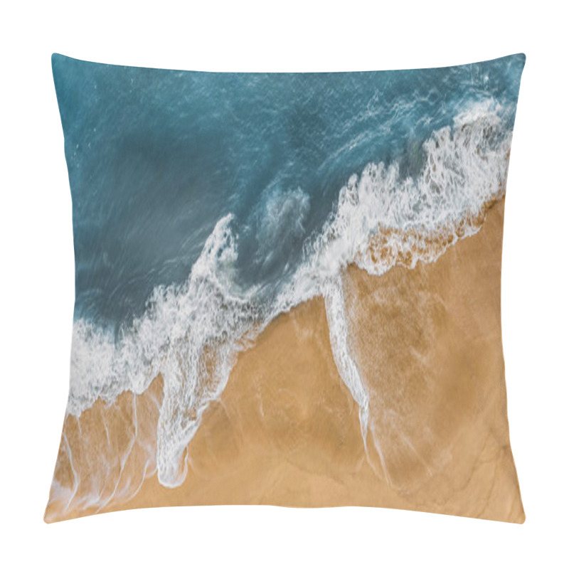 Personality  Panorama Of A Sandy Beach With A Wave Rolling Over It. Clean Beach With Yellow Sand, Panoramic View. Sea Waves And Sandy Shore. Sea Coast From A Bird's-eye View, Panorama. Clean Seashore. Copy Space Pillow Covers