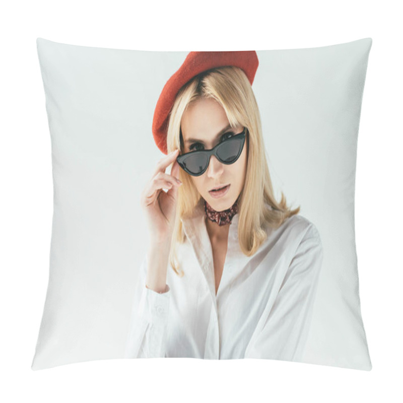 Personality  Attractive Young Woman In Red Beret Isolated On White Pillow Covers