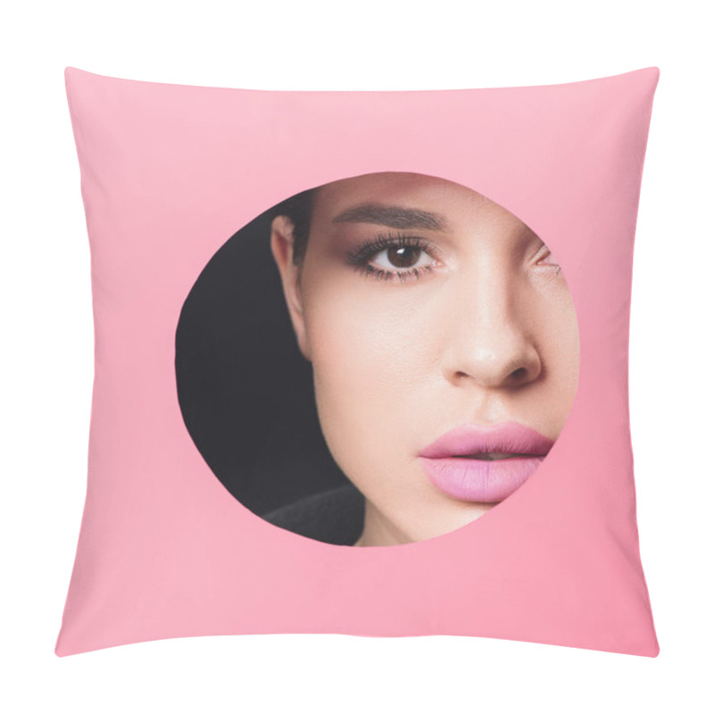 Personality  Beautiful Girl With Smoky Eyes And Pink Lips Looking At Camera Across Hole In Paper On Black Background Pillow Covers