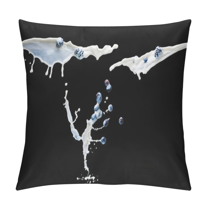 Personality  Flying Splashes Of Milk And Juicy Berries On Black Background Pillow Covers