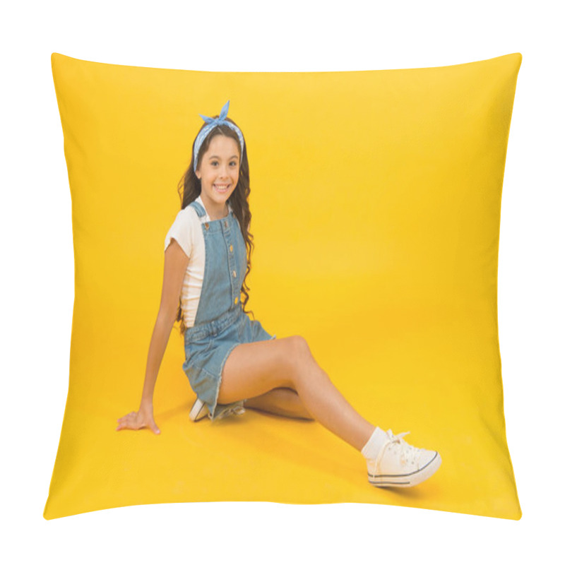 Personality  Summer Outfit Concept. Girl Long Curly Hair Sit Relaxing. Fashion Trend. Little Fashionista. Carefree Happy Childhood. Modern Clothing For Teen. Cute Small Kid Fashion Girl. Fashion Accessories Pillow Covers