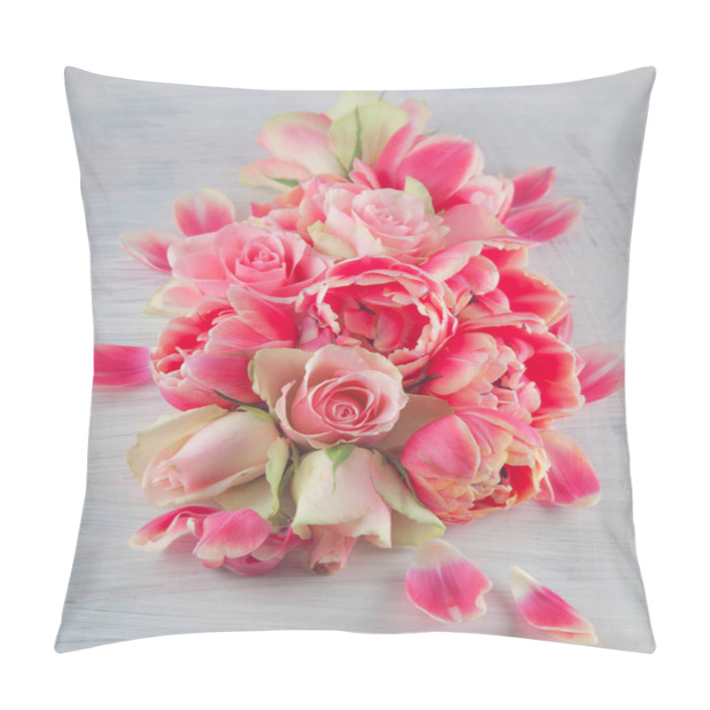 Personality  Flat Lay With Pink Tulips And Roses Blossom Flowers Over White Wood Background, Top View. Spring Or Summer Mood Concept. Pillow Covers