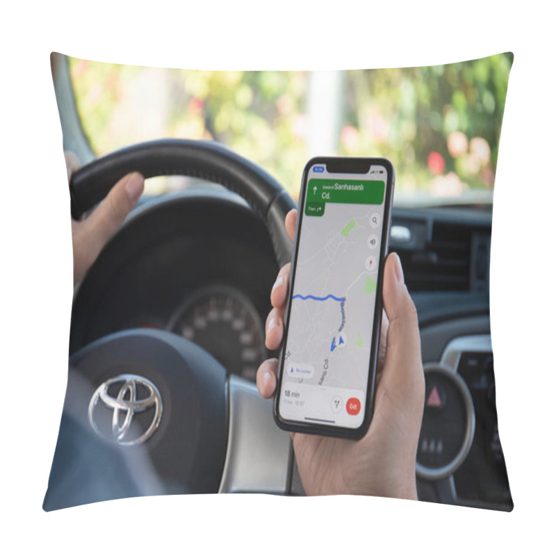 Personality  Alanya, Turkey - October 5, 2020: Man Hand Holding Apple IPhone 11 With Google Navigation Maps On The Screen. Apple IPhone 11was Created And Developed By The Apple Inc. Pillow Covers