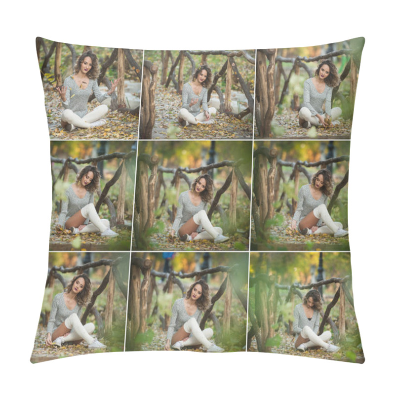 Personality  Sensual Girl With Long Legs Lying Down In An Autumnal Scene.Long Legs Attractive Blonde With Curly Hair Relaxing In Autumnal Park.Fashionable Young Woman Posing In The Forest With White Woolen  Socks Pillow Covers