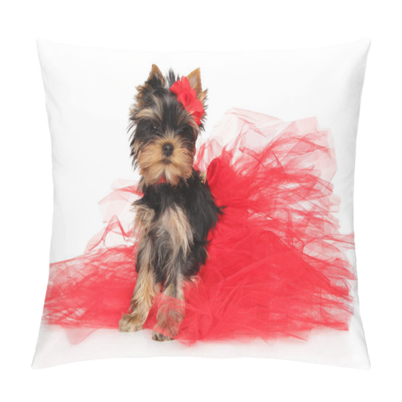 Personality  Yorkshire Terrier Puppy In Red Bow And Beautiful Dress On A White Background Pillow Covers