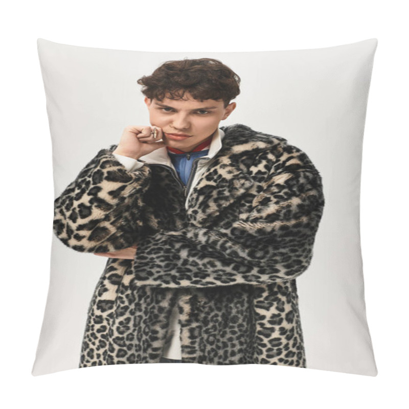 Personality  Confident Man Poses In A Trendy Leopard Print Coat, Embodying Contemporary Fashion Flair. Pillow Covers