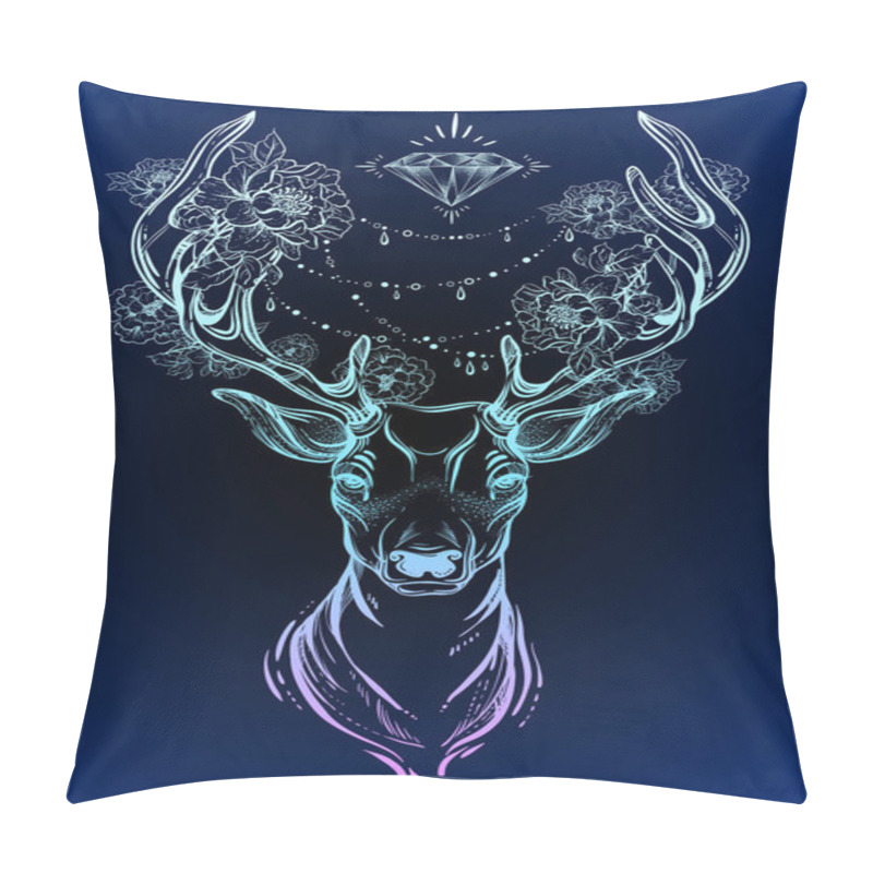 Personality  Beautiful Hand Drawn Tribal Style Deer On Dark Background. Vector Deer Head Decorated With Peony Flowers And Diamond Beads. Spiritual Art, Yoga, Boho Style. T Shirts Print And Posters. Pillow Covers