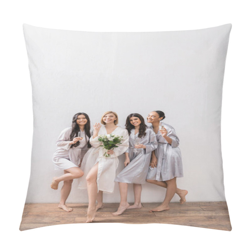 Personality  Bridal Shower, Multicultural Women Holding Glasses With Champagne, Bride With Bouquet Showing Her Engagement Ring, Bridesmaids, Diversity, Positivity, White Flowers, Grey Background  Pillow Covers