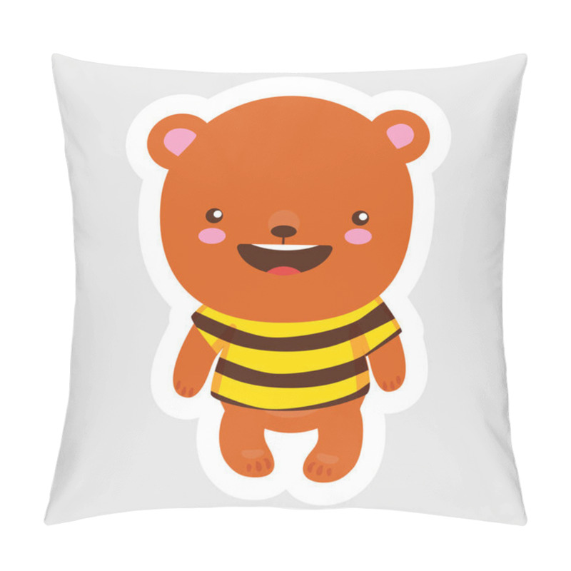 Personality  Cute Little Bear In Cartoon Style Wearing Bee T-shirt On Gray Background. Use As Symbol Icon Emblem Mascot Badge Sticker Character Cartoon Emoticon Pattern Toy. Vector Isolated Illustration Hand Draw Pillow Covers