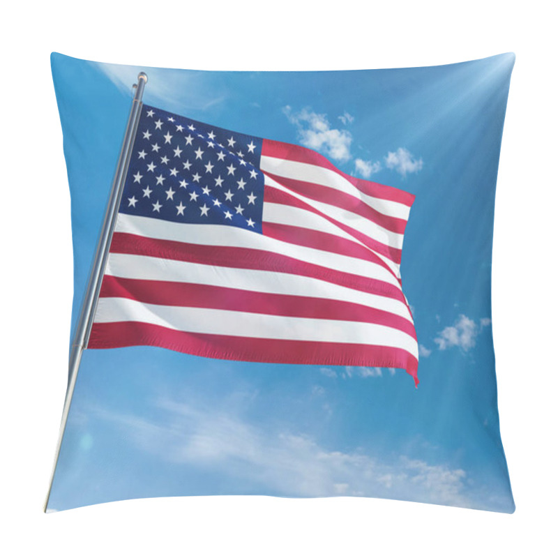 Personality  United States National Flag Waving On Pole Against Sunny Blue Sky Background. High Definition Pillow Covers