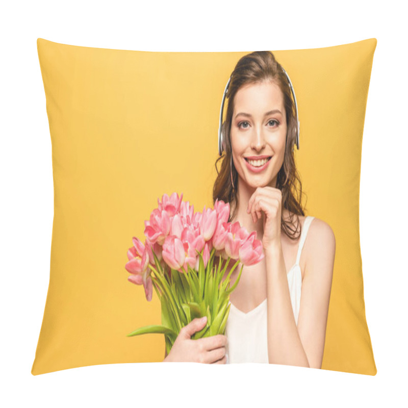 Personality  Pretty Young Woman In Wireless Headphones Smiling At Camera While Holding Bouquet Of Tulips Isolated On Yellow Pillow Covers