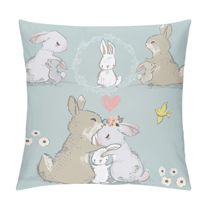 Personality  Cute Hares Couple With Children Pillow Covers