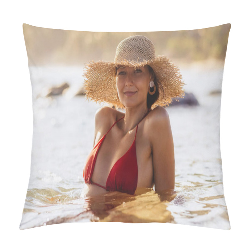 Personality  Beautiful Woman Wearing A Red Bikini And Straw Hat, Enjoying The Warm Tropical Water During Golden Hour. Perfect For Summer, Travel, And Exotic Lifestyle Promotions. Pillow Covers