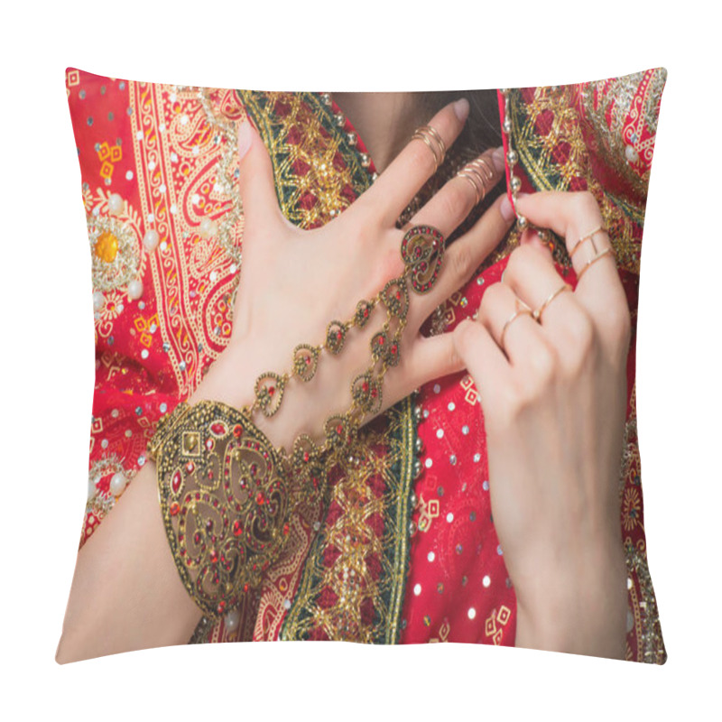 Personality  Cropped View Of Woman Posing In Traditional Indian Sari And Accessories, Isolated On Grey  Pillow Covers