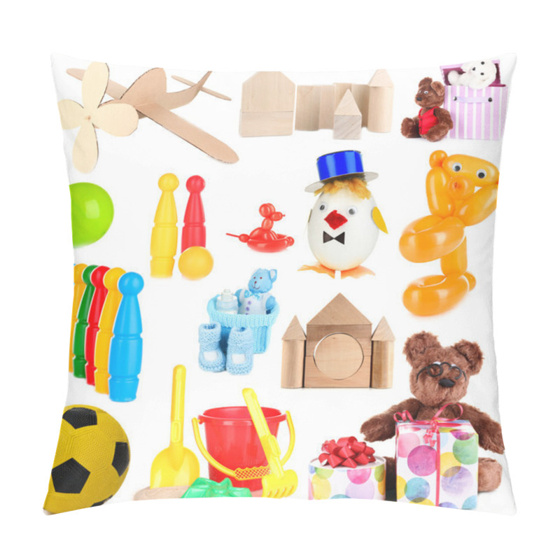 Personality  Collage Of Children Toys Isolated On White Pillow Covers