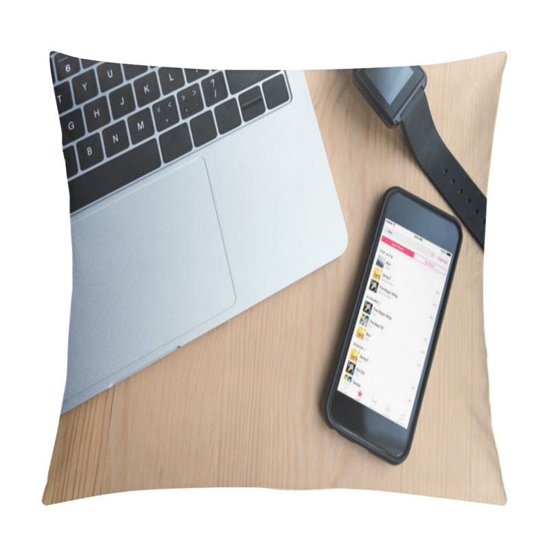 Personality  Top View Of Laptop, Smartwatch And Smartphone With Apple Music App On Screen Pillow Covers