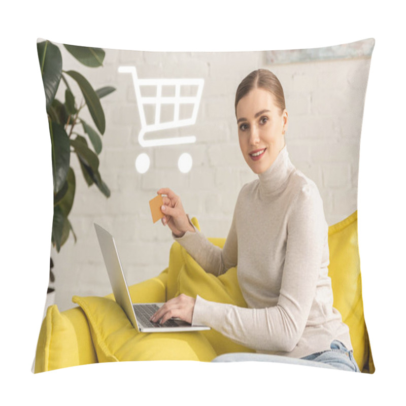 Personality  Beautiful Girl With Credit Card Using Laptop And Smiling At Camera Near Cart Illustration Pillow Covers