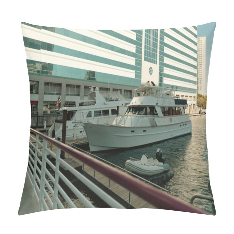 Personality  Yachts And Boat Near Pier And Port Building In New York City Pillow Covers