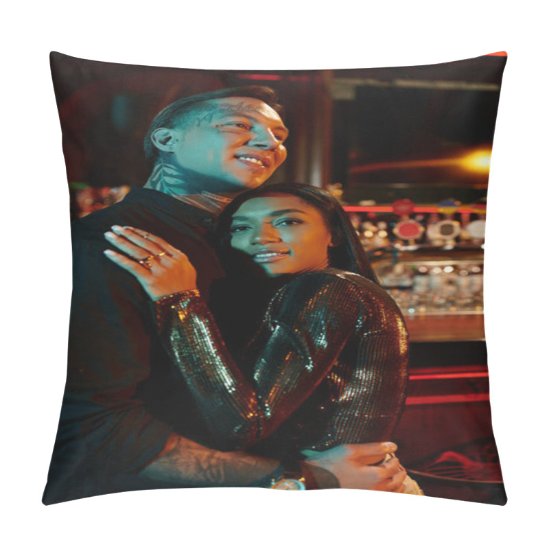 Personality  A Young Couple Shares A Warm Embrace At A Lively Bar, Enjoying Their Evening Together. Pillow Covers