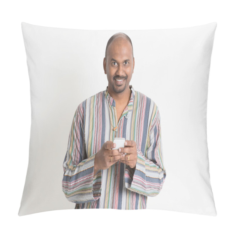 Personality  Mature Casual Indian Man Using Mobile Apps Pillow Covers