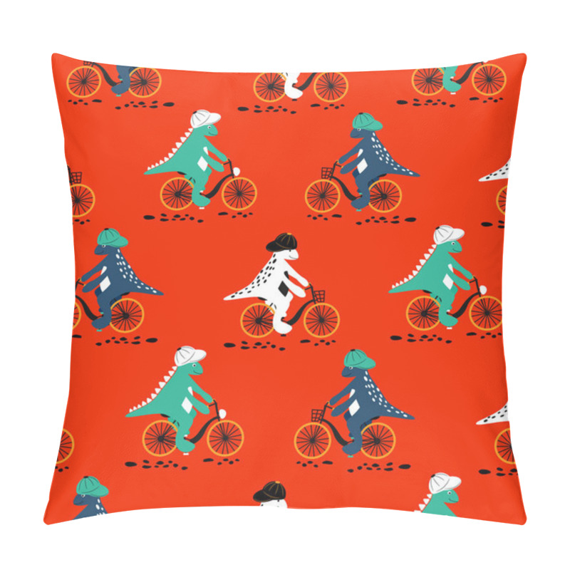 Personality  Cartoon Dinosaur On Bikes Seamless Pattern. Dino Child Characters Riding Bicycles Vector On White Background. Pillow Covers