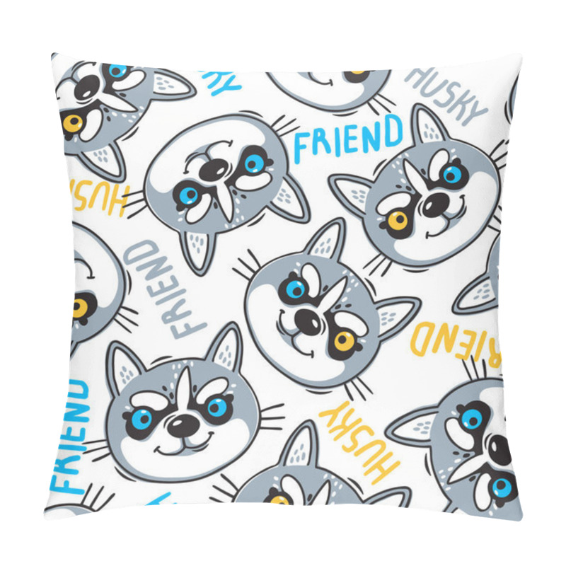 Personality  Fashionable Seamless Pattern With Dogs Husky Noses Puppies And Inscriptions Friend. Vector Illustration In Cartoon Style. Pillow Covers