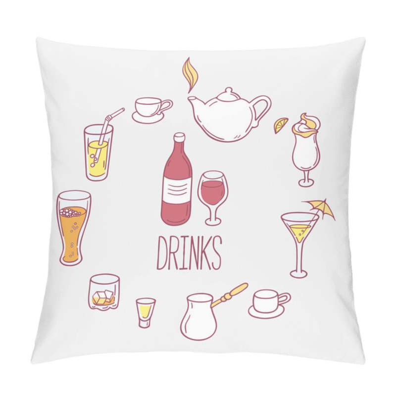 Personality  Set Of Doodles Drinks In Vector. Backgrond With Beverages For Design Pillow Covers