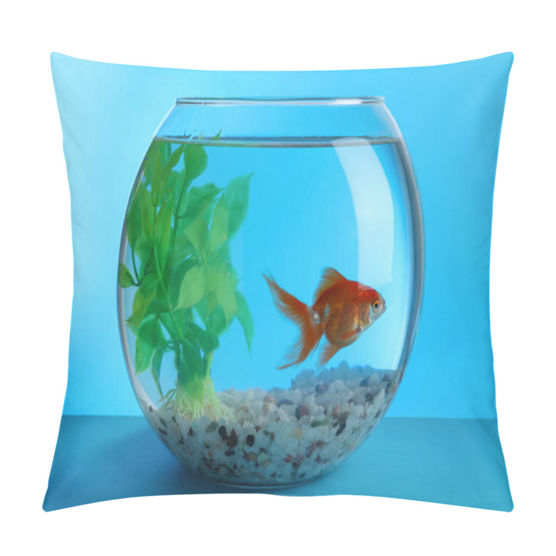 Personality  Beautiful Goldfish In Round Aquarium With Decorative Plant And Pebbles On Blue Background Pillow Covers