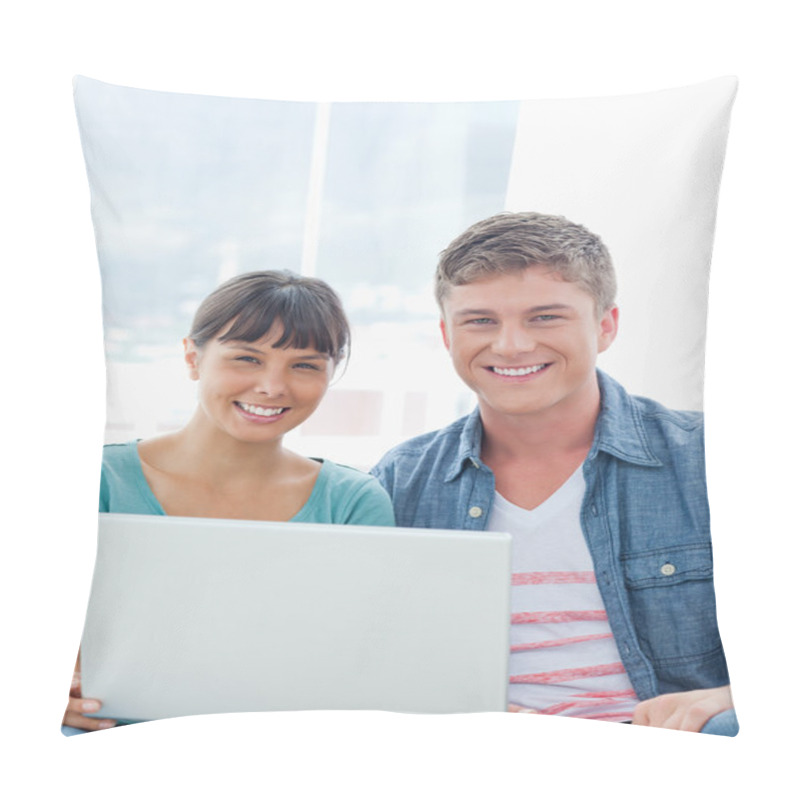 Personality  A Smiling Couple With A Laptop As They Look Into The Camera Pillow Covers