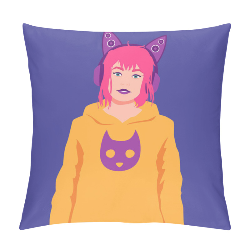 Personality  Portrait Of A Girl In Headphones With Cat Ears Pillow Covers