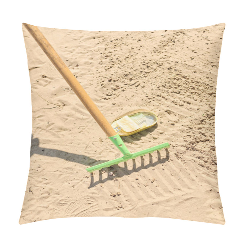 Personality  A Shovel And A Rake Are Peacefully Resting On The Sandy Ground Under The Sun. Pillow Covers