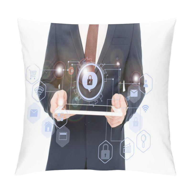 Personality  Cropped View Of Businessman Holding Digital Tablet In Hands With Internet Security Icons Above Pillow Covers