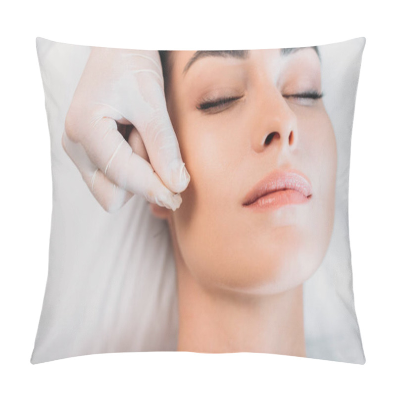 Personality  Partial View Of Cosmetologist Putting Needle On Womans Face During Acupuncture Therapy In Spa Salon Pillow Covers