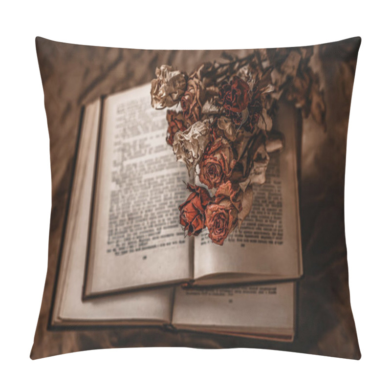 Personality  Open Book With Dried Roses Lying On Its Pages, Creating A Vintage And Nostalgic Atmosphere Pillow Covers